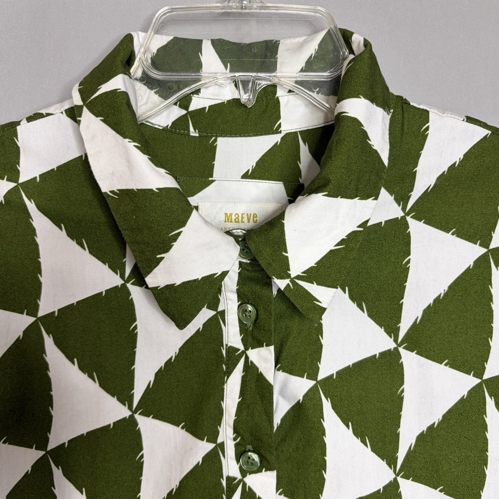 Anthropologie Maeve Bettina Tiered Shirt Dress M Green White Geometric Cotton - Picture 6 of 12